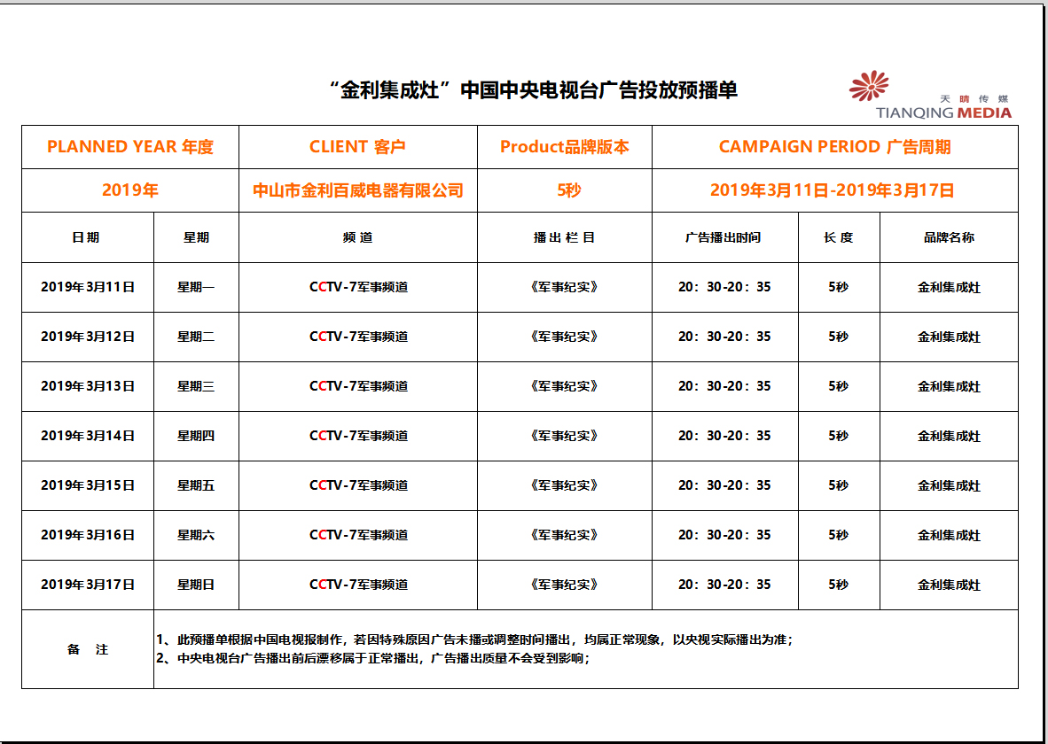 关于金利集成灶央广视频播出时间调整通知